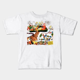 The sleigh flies through the snow with Santa Claus and all his friends while the town waits for Christmas gifts. Retro Vintage Comic Kids T-Shirt